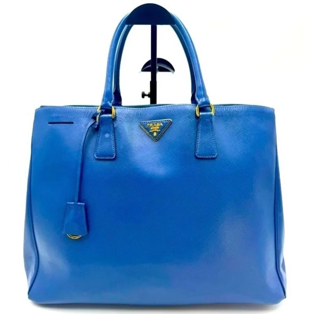 Auth Prada Blue Azzuro Saffiano Leather Galleria Double Zip Lux Tote Bag Large